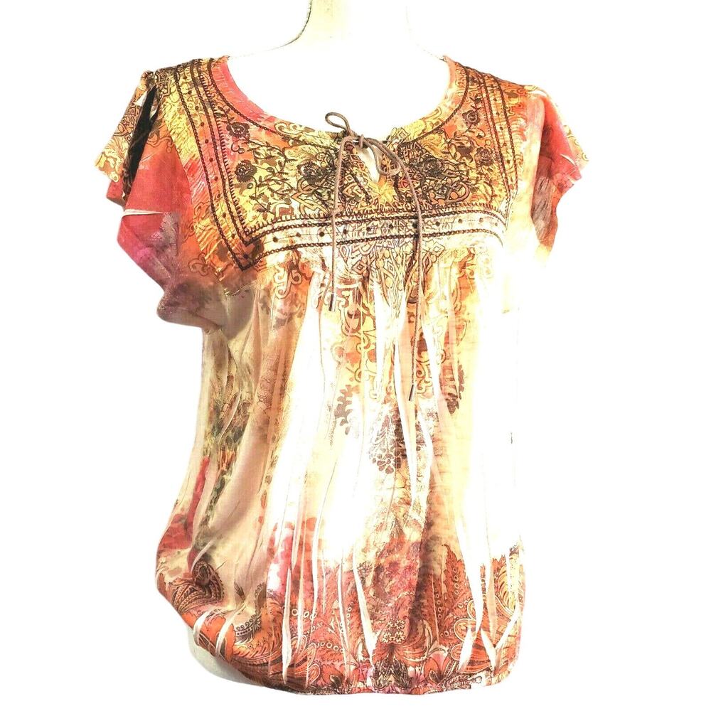 One World Embroidered Boho Top Size M Red Orange Sublimation Tie Front Lace Back